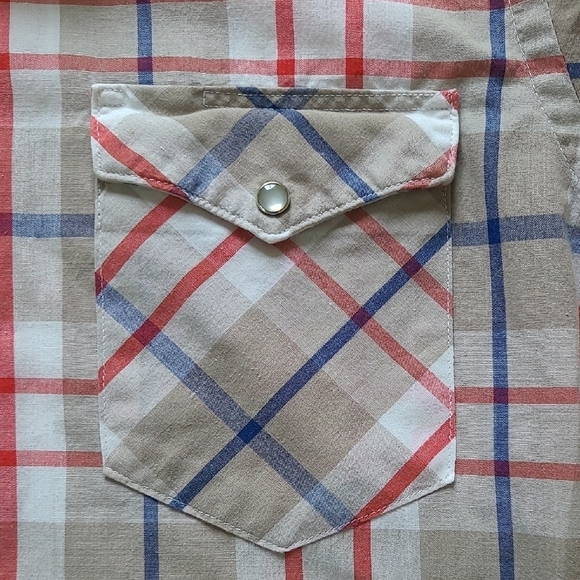 Wrangler Cowboy Cut Tan Plaid Short Sleeve Pearl Snap Button Down - Size 15 1/2 - Picture 2 of 8